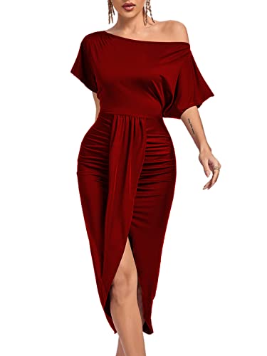 LYANER Women's One Off The Shoulder Ruched Wrap Front Split Hem Draped Party Midi Dress