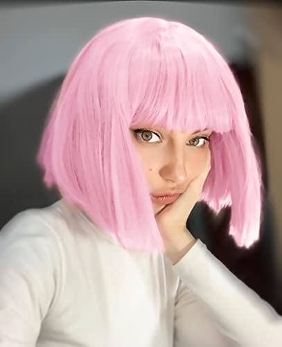 Image of LIULIUBTY Short Bob Hair Wigs Straight with Flat Bangs Synthetic Colorful Cosplay Daily Party Neon Wig for Women + Free Wig Cap 12 inch Natural As Real (Cute Pink)