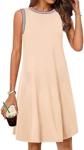 Gesoja Crewneck Solid Color Loose Fit Mini Dresses for Women Dressy Casual Beach Vacation Sleeveless Dress Summer Sundress Light Pink XL