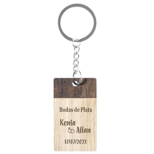 Llaveros de madera BODAS de PLATA personalizados con NOMBRES y FECHA grabados con láser, (pack de 15 llaveros) regalos originales para eventos y celebraciones Cover