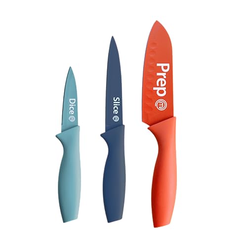 MasterChef Knife Set of 3 Kitchen Knives for Cooking (Chef, Paring & Utility), Professional Sharp Stainless Steel, Non Stick Blades & Soft Touch Handles, Easy Grip, Vivid Collection, 3 Piece
