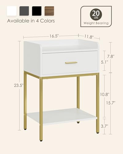 Image of Masupu Nightstand,3-Tier Modern Bedside Night Stand with Storage Drawer and Shelf,Small End Side Table for Bedroom,Living Room,White (Without Outlet, White)