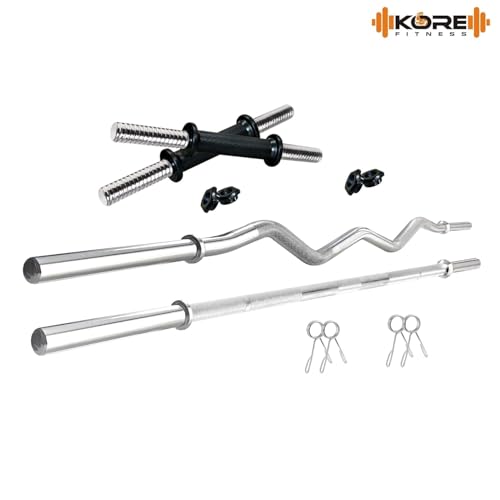 Image of Kore PVC 8 Kg Home Gym Set with One 3 Ft Plain + One 3 Ft Curl Rod and One Pair Dumbbell Rods, Multicolour