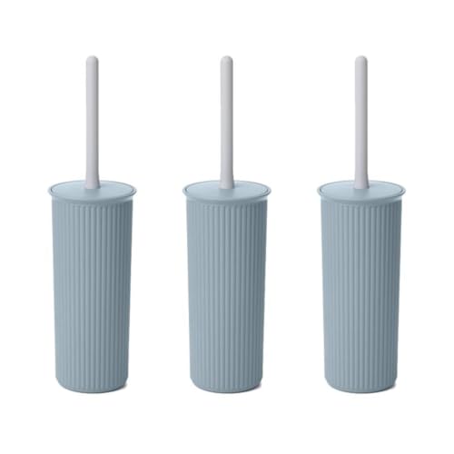 Image of Superio Ribbed Collection Toilet Bowl Brush and Holder Set, Decorative Plastic Bathroom Toilet Brush with Holder, Toilet Cleaner Scrubber, Stone Blue - 3 Pack
