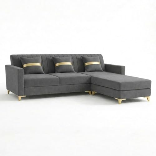 Image of CASASTYLE Groovy 4 Seater L Shape Sofa Set with Movable Ottoman | Flexible Left or Right Layout | Cozy Velvet Fabric | Soft Touch Seating | Modern Designer Sofa for Living Room (Dark Grey)