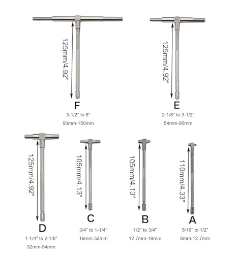 Lancoon 6 Stück/Set Teleskop-Messgerät, T-Bohrungsmessgerät mit 5/16″-6″(8-150mm) Einstellbar Hohe Präzision Edelstahl für Bohrung Schnell Innen Messung