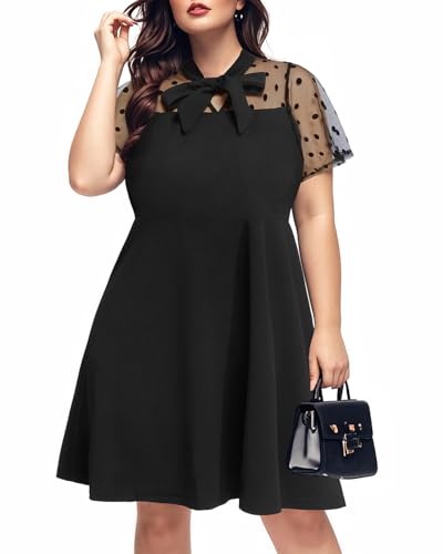 Pinup Fashion Women's Plus Size Contrast Mesh Short Sleeve Bow Tie Neck Cocktail Party Elegant A-Line Dress