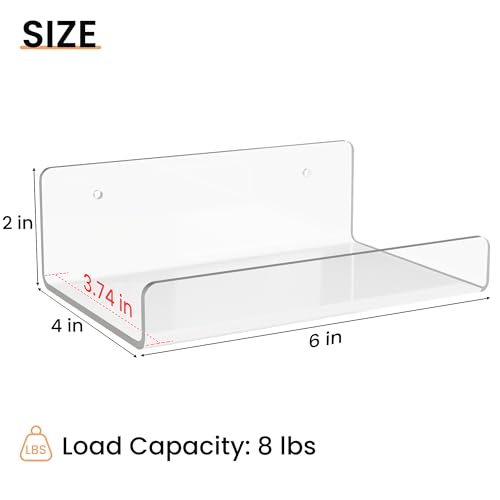Image of upsimples 6 inch Acrylic Shelves, Small Shelf for Wall Decor and Display, 6 Pcs | Small Floating Shelf for Plants, Speaker, Toys, Invisible Wall Display for Bathroom, Bedroom, Living Room, Room Decor