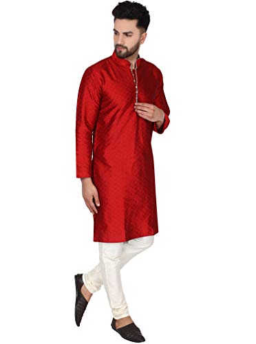 Image of SKAVIJ Men's Art Silk Woven Design Kurta Pajama Set Festive Jacquard 2-Piece Ethnic Dress