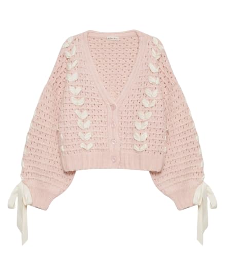 ebossy Womens Y2K Bow Tie Front Cardigan Cute Long Sleeve Ribbon Lace Up Cropped Knit Sweater Coat