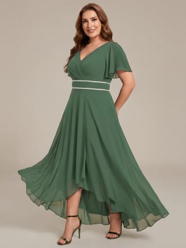 Image of Ever-Pretty Plus Women's Chiffon V-Neck Beading Ruffles Sleeves Maxi High Low Plus Size Formal Dresses