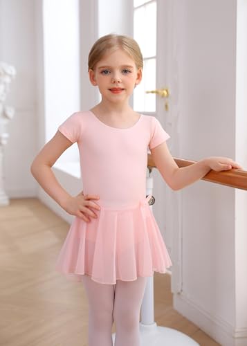 Image of MdnMd Girls Toddler Ballet Leotard with Skirted Short Sleeve Dance Gymnastic Ballerina Ballet Outfit Dress