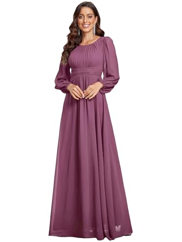 Image of Ever-Pretty Women's Crewneck Long Lantern Sleeves Floor Length A-Line Pleated Chiffon Formal Dress 0106B