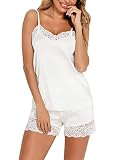  Onsoyours Ensemble De Pyjama Femme 2 Pièces Sexy Chic Satin Dentelle Shorts Et Col V Camisole Mode Vêtements De Nuit Pyjama Set A Blanc XS