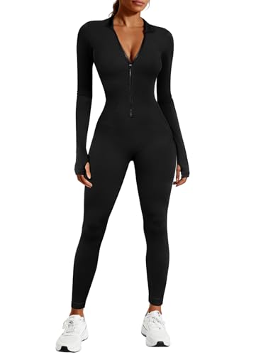 Voqeen Tuta Donna Manica Lunga Zip Up Leggings Scollo a V Yoga Tuta Aderente Cerniera Completo Elegante Playsuits Jogging Rompers Pantaloni Tute