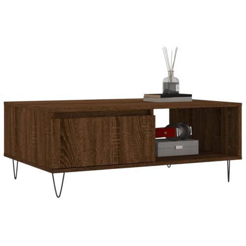 Table basse marron gain de place pour ranger vos télécommandes avec structure fer aspect chêne - 4