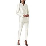 Satin Suit Women Two Piece Outfits Blazer Jacket and Pants Business Fashion Suit Sets (Blazer+Pants)(White,10)