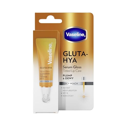 Vaseline Sérum Labial Gluta-Hya Juicy Peach 10ml. Con ácido hialurónico, tripéptido, tecnología Glutaglow y SPF15. Color, volumen y protección. Hidratación al instante y acabado gloss no pegajoso.