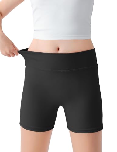 Black Girls Biker Shorts High Waisted 4-Way Stretch Spandex Shorts Tagless Flat Waistband No Front Seam for Gymnastics Dance Volleyball 7-8Y