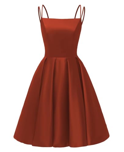 Image of Tianzhihe Satin Homecoming Dresses for Teens 2026 Spaghetti Straps A-line Square Neck Short Cocktail Party Dress with Pockets