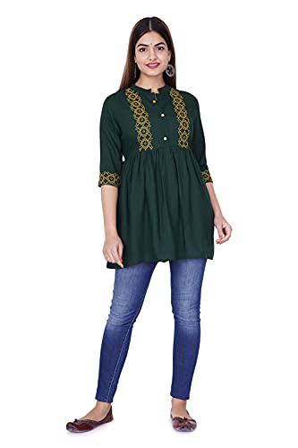 Image of Shiva Fab Short Kurti for Women | Embroidered Straight Rayon Kurta | Round Neck Full Sleeves Short Kurti for Women's