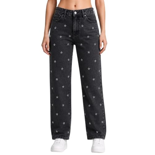 Libas Womenâ€™s Straight Fit Denim Jeans | High Rise Printed Denim Jeans for Women | All Over Floral Star Print | Casual Wide Leg Relaxed Fit | in blue