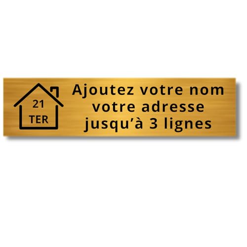 Plaque Boîte aux Lettres Personnalisée Adhésive - Nom Gravé PVC Résistant - 10x2.5cm Gris Alu Métallisé - 1 à 3 Lignes pour Maison Numéro Rue (Or brossé/noir)