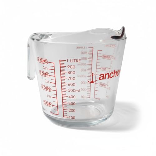 Chabrias Ltd 1 Litre Glass Measuring Jug – Clear Tempered Glass with Red Graduations in ml, Cups & Pints – Dishwasher Safe & Freezer Safe Kitchen 1000ml Measuring Cup (1)