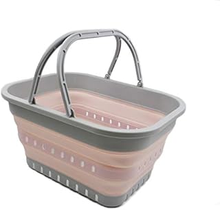 SAMMART 19L Collapsible Tub with Handle - Portable Outdoor Picnic Basket / Crater - Foldable Shopping Bag - Space Saving Storage Basket (Grey/Pink)