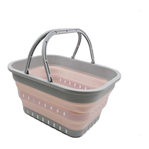 SAMMART Bañera plegable de 19 litros con asa, cesta portátil de picnic al aire libre, bolsa de compras plegable, contenedor de almacenamiento para ahorrar espacio (negro) (1, gris/rosa) Cover