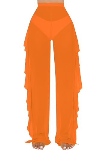 Image of Jumppmile Women's Ruffle Sheer Mesh Swimwear Bikini Cover Up Pants See Through