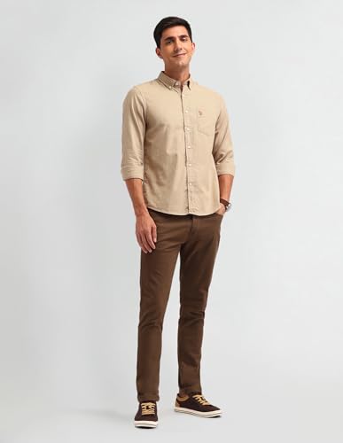 Image of U.S. Polo Assn. Denim Co. Mens Beige Textured Button Down Long Sleeve Casual Cotton Slim Fit Button Down Shirt