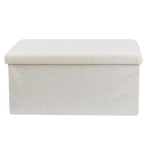 Image of DANIEL JAMES Housewares Folding Ottoman Storage Box – Large Padded Footstool or Storage Chest with Lid for Bedroom, Hallway, Living Room - Teddy Boucle: White