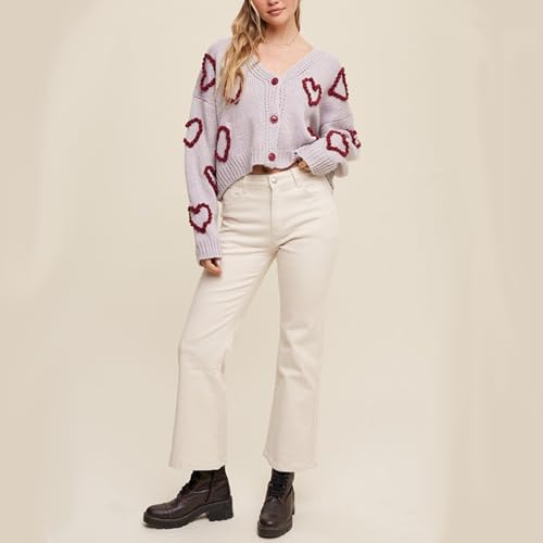 Image of Valentine's Day Cardigan Sweaters for Women Love Heart Print Button Down Cropped Cardigans Y2K Open Front Knit Sweater
