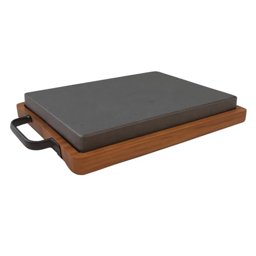 Kalu creations Piastra Rettangolare in Pietra Lavica con Vassoio in Legno, Bistecchiera con Supporto Legno con Manici per Cucinare e Servire Carne, 30 x 20,5 cm - Nero e Marrone