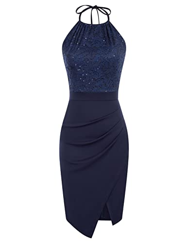 Grace Karin Women's Elegant Halter Neck Sequin Sleeveless Patchwork Ruched Party Club Cocktail Midi Dress Navy Blue L #TOP25