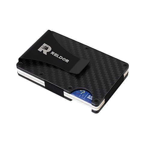 Reldor ™ Men Slim Portable Credit Card Holder Carbon Fiber Fibre RFID Blocking for Upto 12 Cards Metal Wallet Money Clip Storage Walet Card Protector Gift for Men Smart Wallet Cover