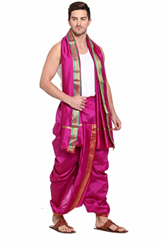 Image of Rameshwaram Fabrics Readymade Dhoti for Men, Velcro Style Stitched Mens Silk Dhoti Pant with Stole Set
