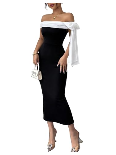 Floerns Women's Elegant Bow Tie Off The Shoulder Midi Dress Sleeveless Formal Bodycon Dresses