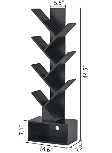 Image of Hoctieon 6 Tier Tree Bookshelf, Tall Bookcase with Drawer, Freestanding Book Shelf, Display Floor Standing Storage Shelf, Book Organizer Shelves for Home Office, Living Room, Bedroom, Black