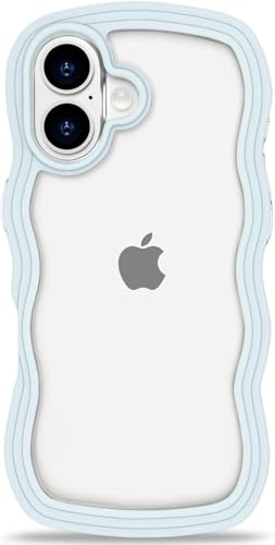 Image of GoldKart iPhone 16 Case Wavy Edge Clear Back Design, Anti-Slip Grip Cute Wave Curly Frame Shape Shockproof Soft TPU & Hard PC Bumper Protective Phone Case Cover for Women Girls - Light Blue