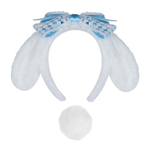 Dfqsofd Plush Ears Headband and Tail Set Furry Headband with Bow Tie White Long Rabbit Dog Ears Costume Set for Women Halloween Cosplay Costume Accessories
