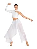 Miaeowve Moderno traje de baile para mujer, vestido de baile contemporáneo con un hombro, top de estrás con purpurina, camiseta corta con falda de danza de gasa, disfraz de danza, Blanco, S