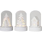 EGLO LED Weihnachtsdeko, 3er-Set Deko-Glasglocken, Winterlandschaft batteriebetrieben mit Licht, Tischdeko Weihnachten aus weißem Holz und Glas, warmweiß, 5,5 x 8,5 cm