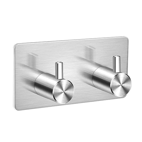The Bog Standard Double Silver Self Adhesive Hooks,Two Stainless Steel Sticky Wall Hooks, Heavy Duty No Nails Hook for Bathroom Accessories, Kitchen Towel Holder, Door Hanger, Coat Hooks,Stick On