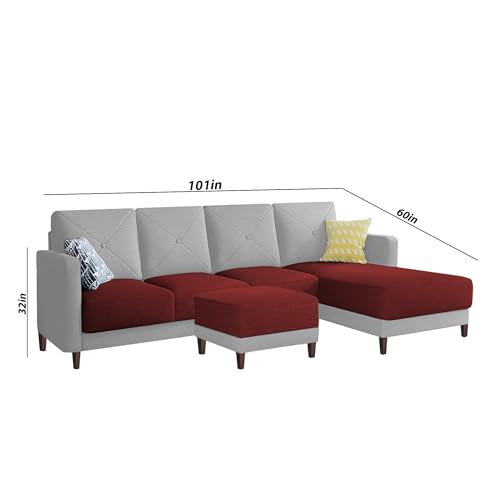 Image of Baloney RHS 6 Seater L Shape Sofa Set with Center Table for Living Room (Maroon Grey Fabric) Premium Fabric Sofa