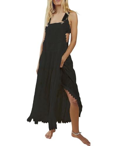 Image of Women's Laced Embroidered Tulle Boho Dress Casual Loose Adjustable Straps Bib Maxi Dress