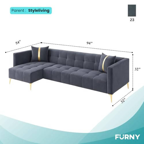 Image of FURNY Styliving 6 Seater Fabric LHS L Shape Sofa Set (Dark Grey) with Golden Finish Legs | Durable & Comfortable | Ideal for Living Room