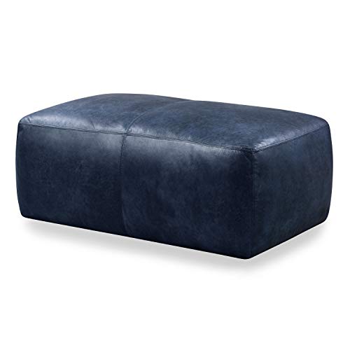 Image of POLY & BARK Denver Ottoman - 43 inch Large Pouf with Feather-Down Topper - Full-Grain Leather Upholstered Pouf Ottoman for Living Room - Vintage Italian Leather in Midnight Blue