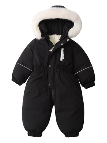 HULIJA Baby flicka snökläder med huva vattentät vindtät värmeresistent skiddräkt utomhus vinterrock, svart, 110-116